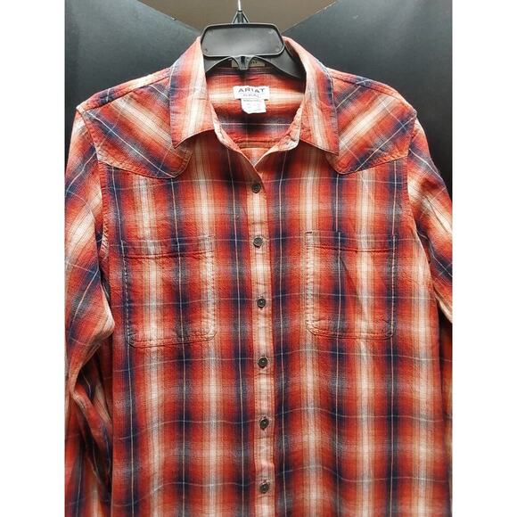 Ladies Ariat Real RN105037 Size US XL Flannel Style Red Orange Cream - Picture 3 of 7